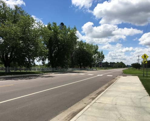 Tree lined highway with crosswalk